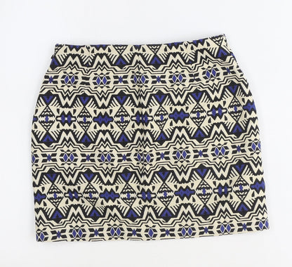H&M Womens Beige Geometric Polyester Mini Skirt Size 4 Zip