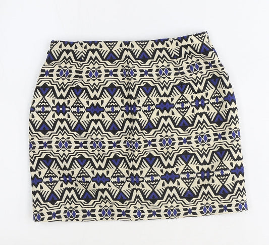 H&M Womens Beige Geometric Polyester Mini Skirt Size 4 Zip