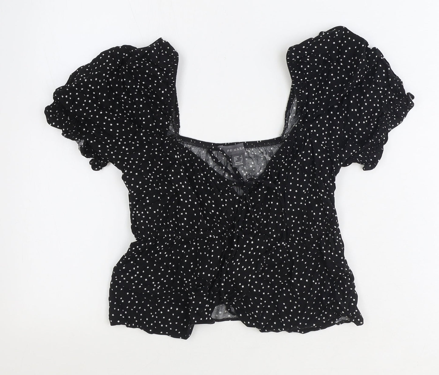 Primark Womens Black Geometric Polyester Basic Blouse Size 6 V-Neck - Stars