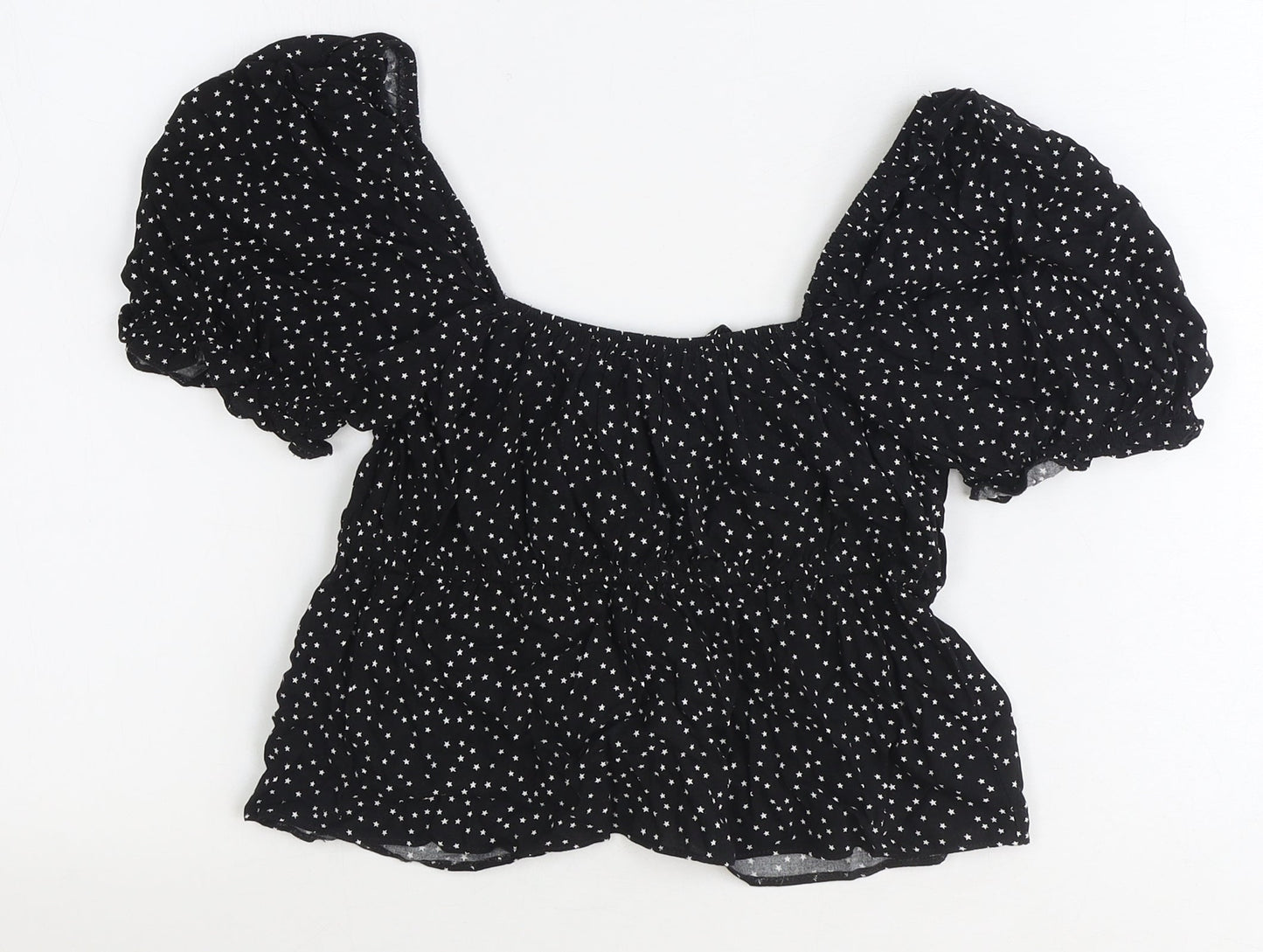 Primark Womens Black Geometric Polyester Basic Blouse Size 6 V-Neck - Stars