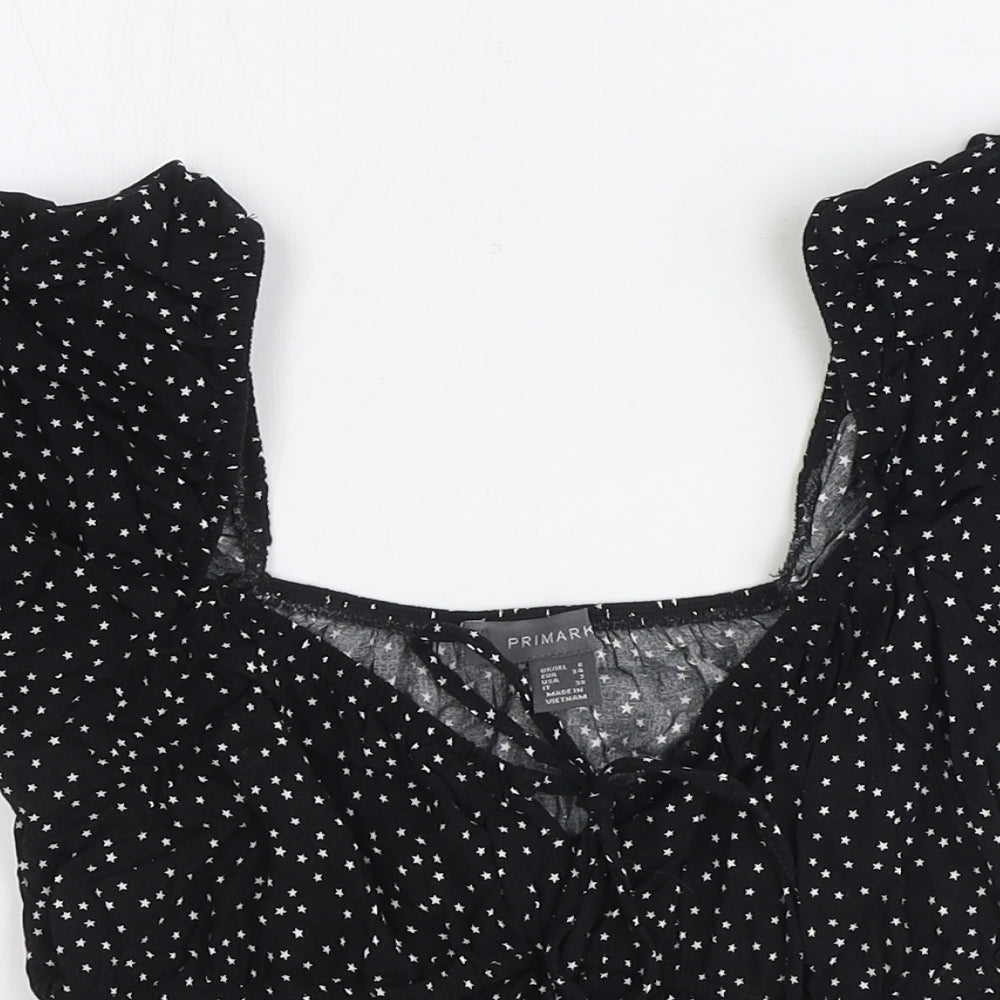 Primark Womens Black Geometric Polyester Basic Blouse Size 6 V-Neck - Stars