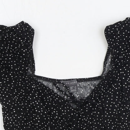 Primark Womens Black Geometric Polyester Basic Blouse Size 6 V-Neck - Stars