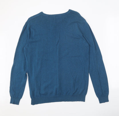 George Mens Blue V-Neck Cotton Pullover Jumper Size M