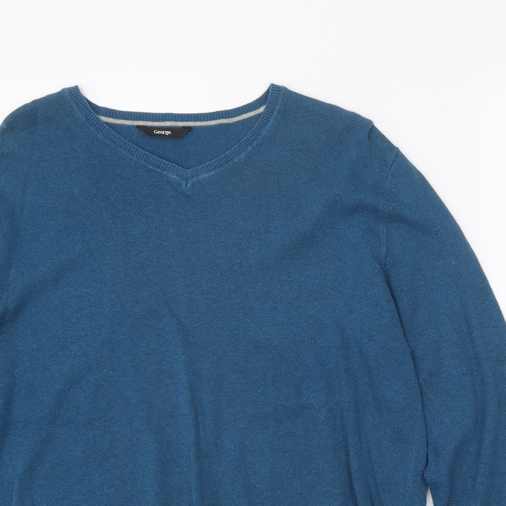 George Mens Blue V-Neck Cotton Pullover Jumper Size M