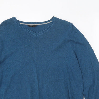 George Mens Blue V-Neck Cotton Pullover Jumper Size M