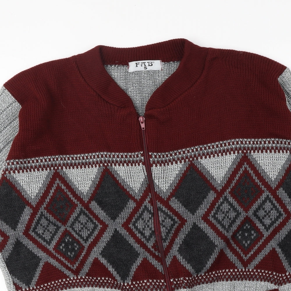 FAB Mens Grey Round Neck Argyle/Diamond Acrylic Full Zip Jumper Size S