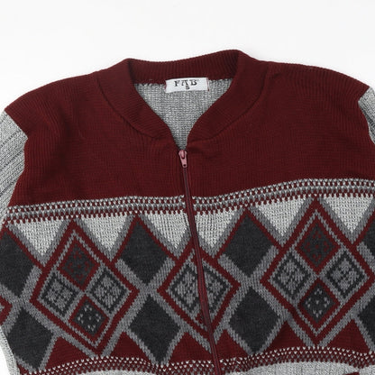FAB Mens Grey Round Neck Argyle/Diamond Acrylic Full Zip Jumper Size S