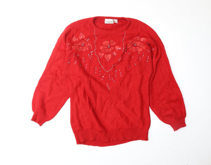 Carriage Court Womens Red Round Neck Floral Acrylic Pullover Jumper Size L