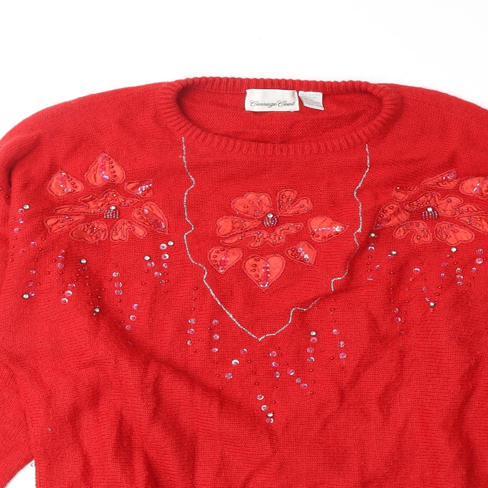 Carriage Court Womens Red Round Neck Floral Acrylic Pullover Jumper Size L