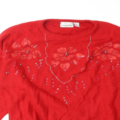 Carriage Court Womens Red Round Neck Floral Acrylic Pullover Jumper Size L