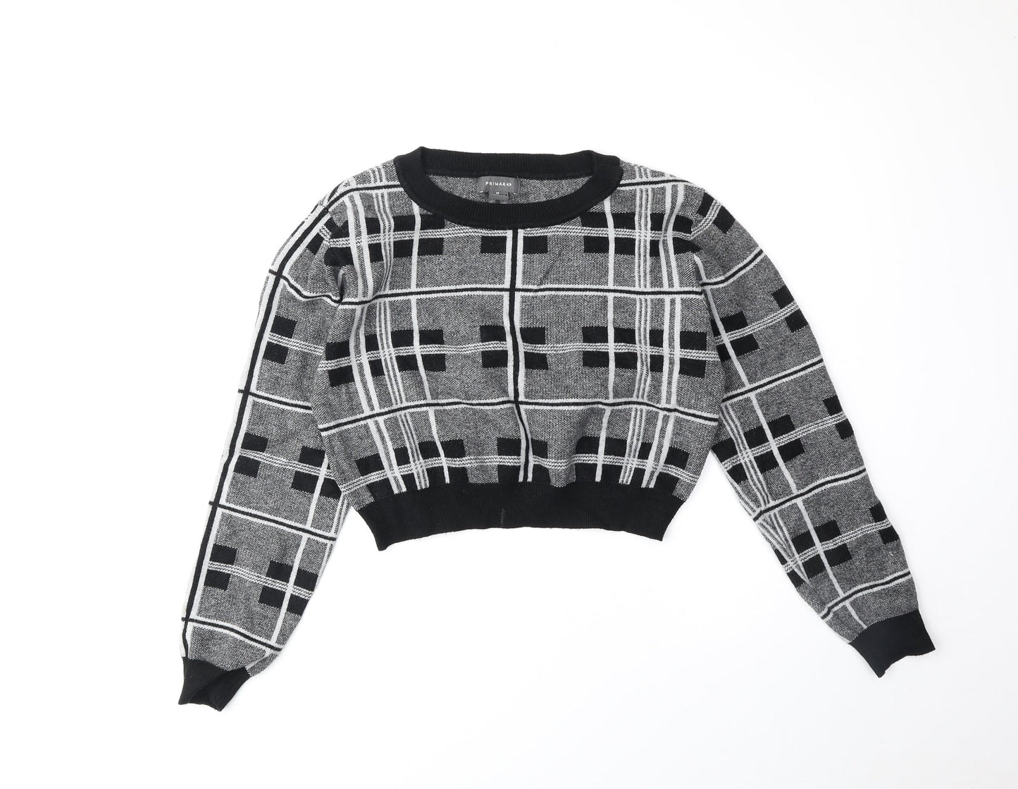 Primark Womens Black Round Neck Plaid Viscose Pullover Jumper Size M
