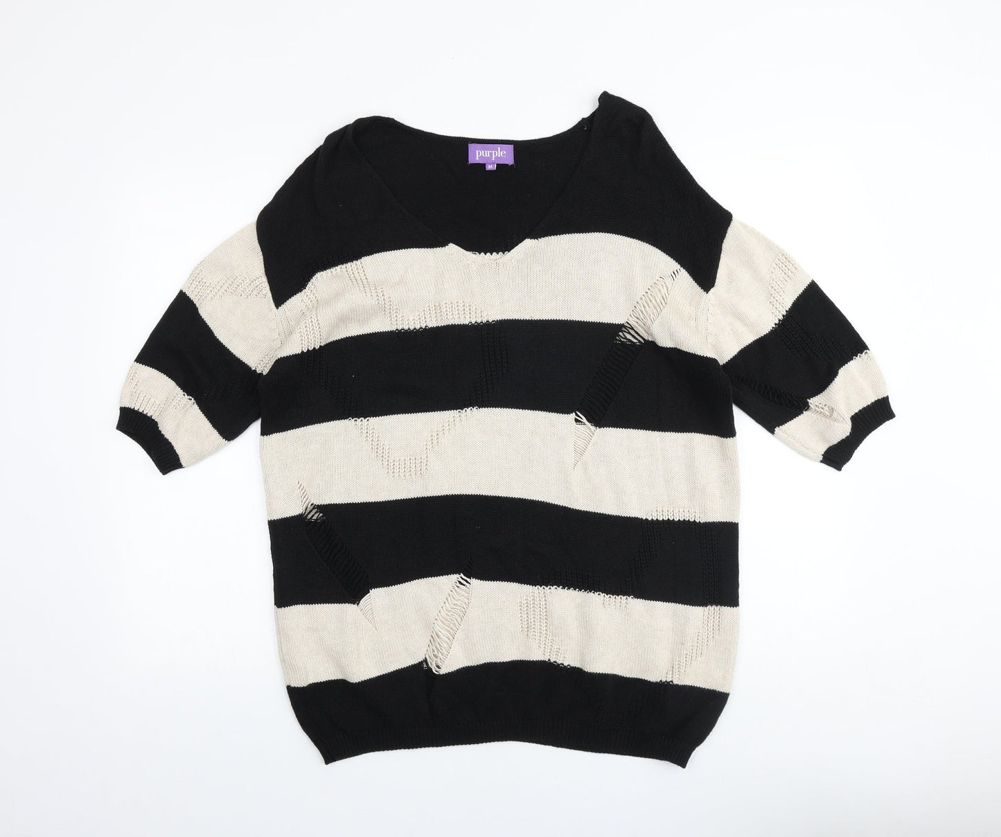 Purple Womens Black V-Neck Striped Acrylic Pullover Jumper Size M