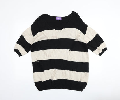 Purple Womens Black V-Neck Striped Acrylic Pullover Jumper Size M