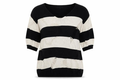 Purple Womens Black V-Neck Striped Acrylic Pullover Jumper Size M