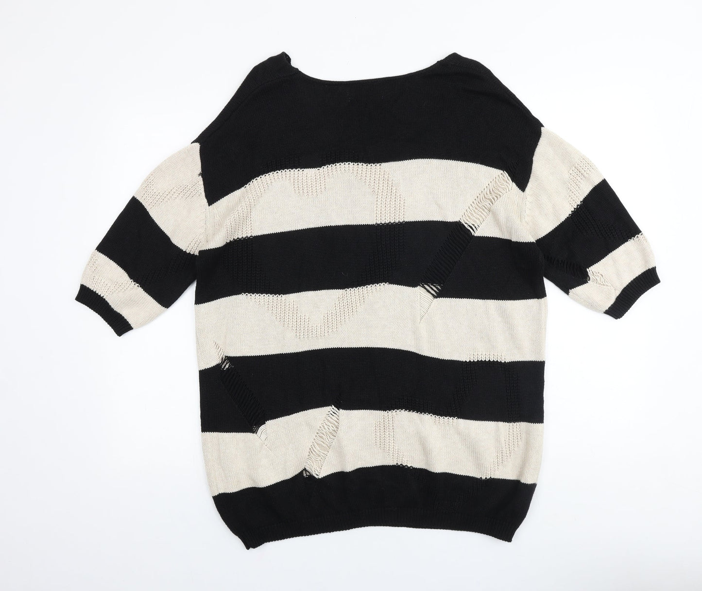 Purple Womens Black V-Neck Striped Acrylic Pullover Jumper Size M