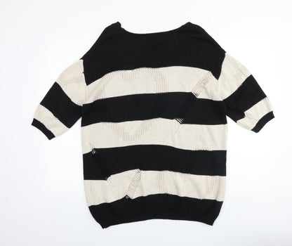 Purple Womens Black V-Neck Striped Acrylic Pullover Jumper Size M