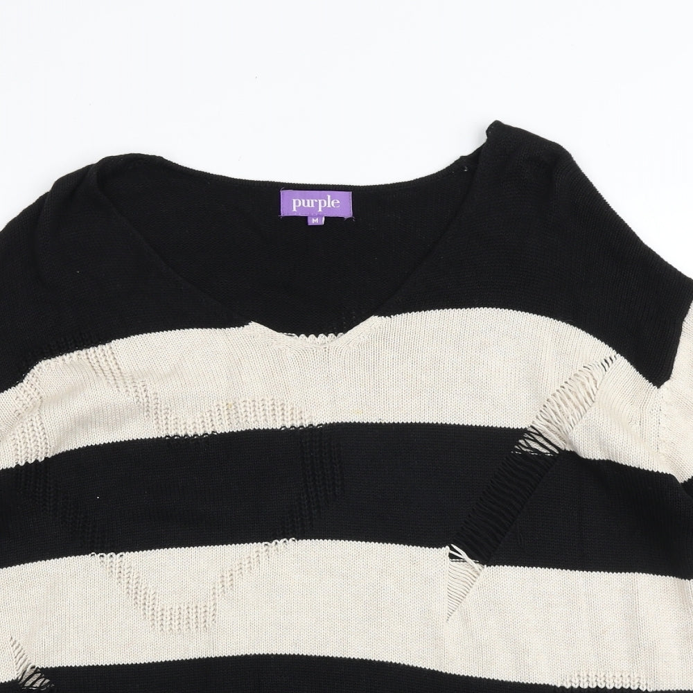 Purple Womens Black V-Neck Striped Acrylic Pullover Jumper Size M