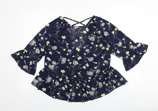 Boohoo Womens Blue Floral Polyester Basic Blouse Size 8 V-Neck