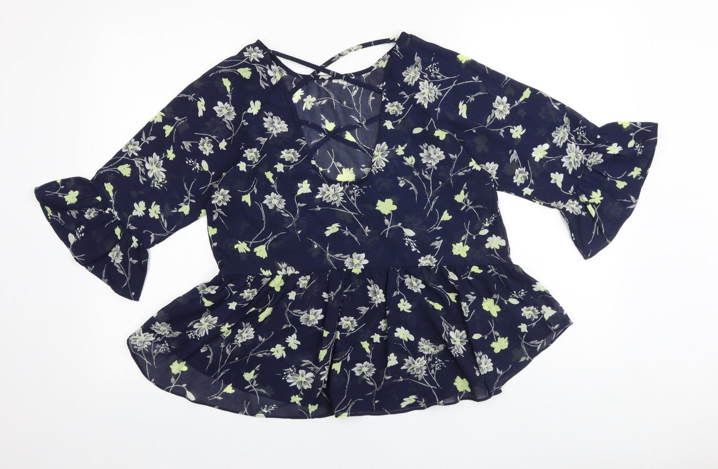 Boohoo Womens Blue Floral Polyester Basic Blouse Size 8 V-Neck