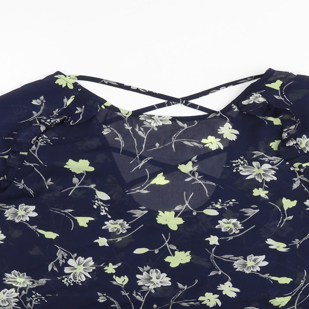 Boohoo Womens Blue Floral Polyester Basic Blouse Size 8 V-Neck