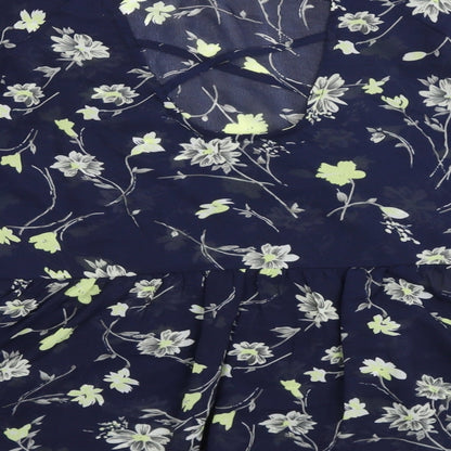 Boohoo Womens Blue Floral Polyester Basic Blouse Size 8 V-Neck