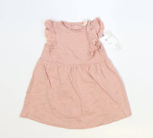 HEMA Girls Pink Floral Cotton Shift Size 9-12 Months Round Neck Snap
