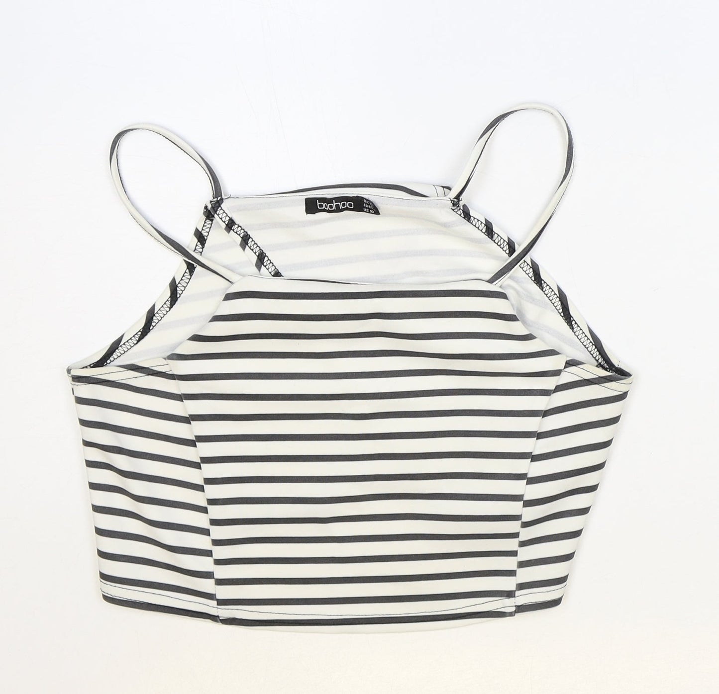 Boohoo Womens White Striped Polyester Cropped Tank Size 12 Square Neck - Open Wrap Back Detail