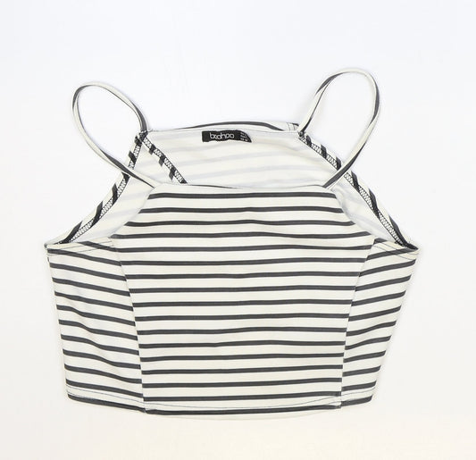 Boohoo Womens White Striped Polyester Cropped Tank Size 12 Square Neck - Open Wrap Back Detail