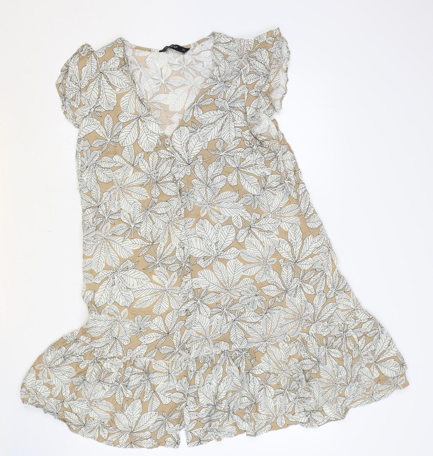 F&F Womens Brown Floral Viscose Trapeze & Swing Size 14 V-Neck Button