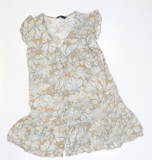 F&F Womens Brown Floral Viscose Trapeze & Swing Size 14 V-Neck Button