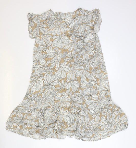 F&F Womens Brown Floral Viscose Trapeze & Swing Size 14 V-Neck Button