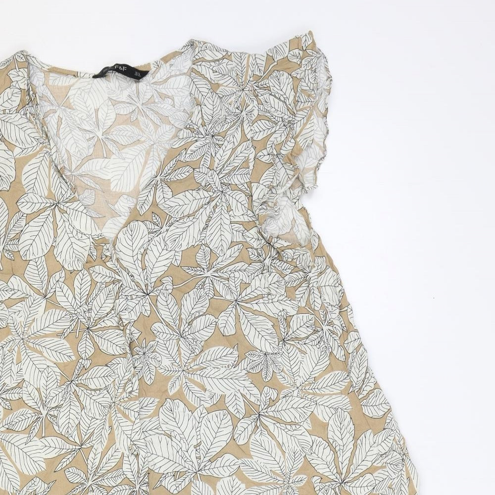 F&F Womens Brown Floral Viscose Trapeze & Swing Size 14 V-Neck Button