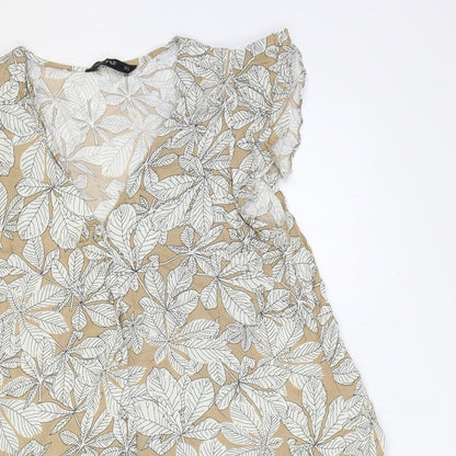 F&F Womens Brown Floral Viscose Trapeze & Swing Size 14 V-Neck Button