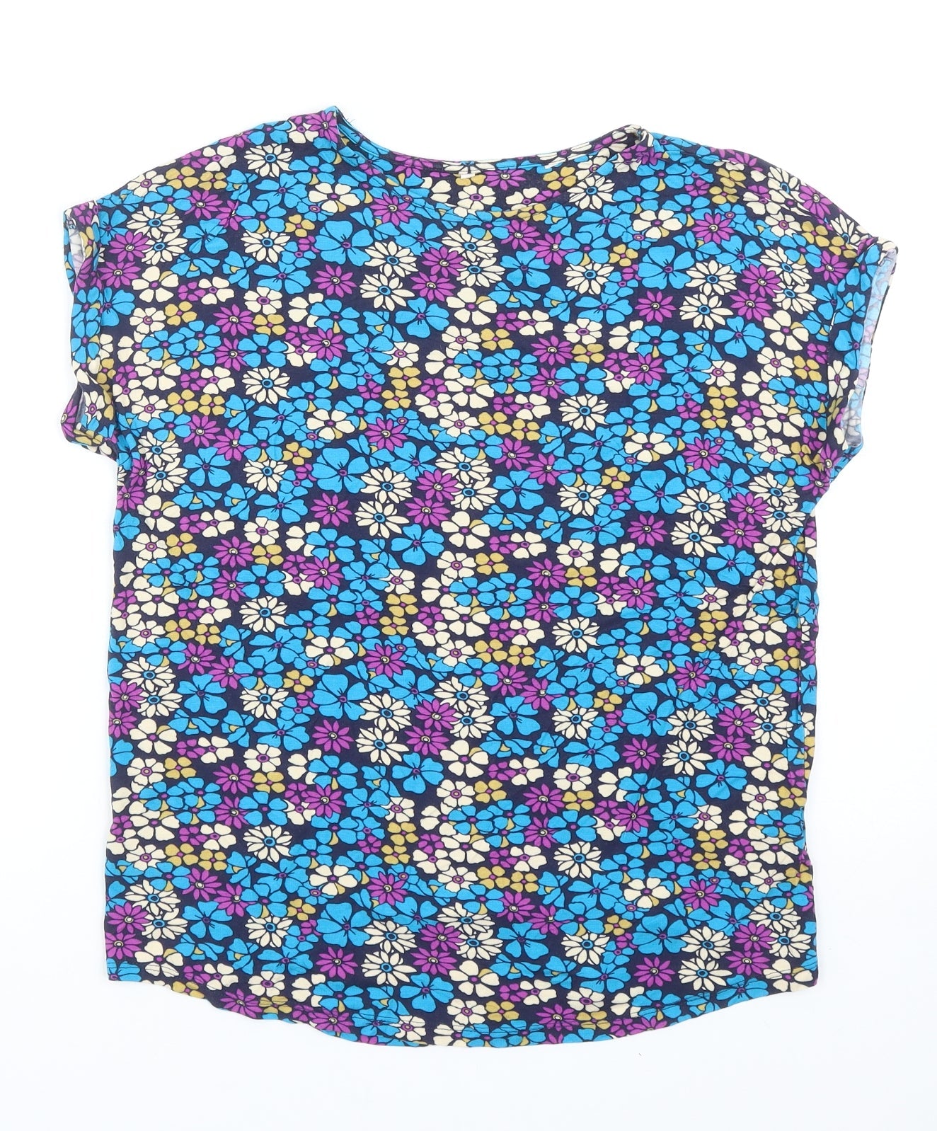 TU Womens Blue Floral Viscose Basic T-Shirt Size 8 Round Neck