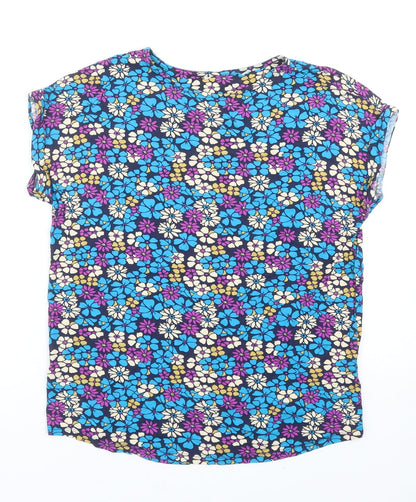 TU Womens Blue Floral Viscose Basic T-Shirt Size 8 Round Neck