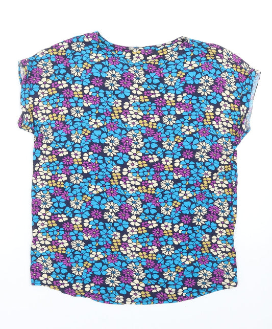 TU Womens Blue Floral Viscose Basic T-Shirt Size 8 Round Neck