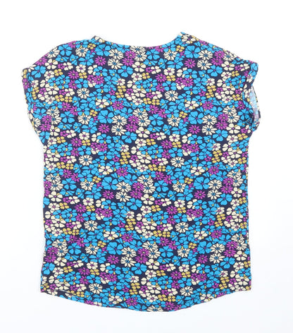 TU Womens Blue Floral Viscose Basic T-Shirt Size 8 Round Neck
