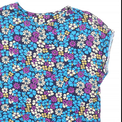 TU Womens Blue Floral Viscose Basic T-Shirt Size 8 Round Neck