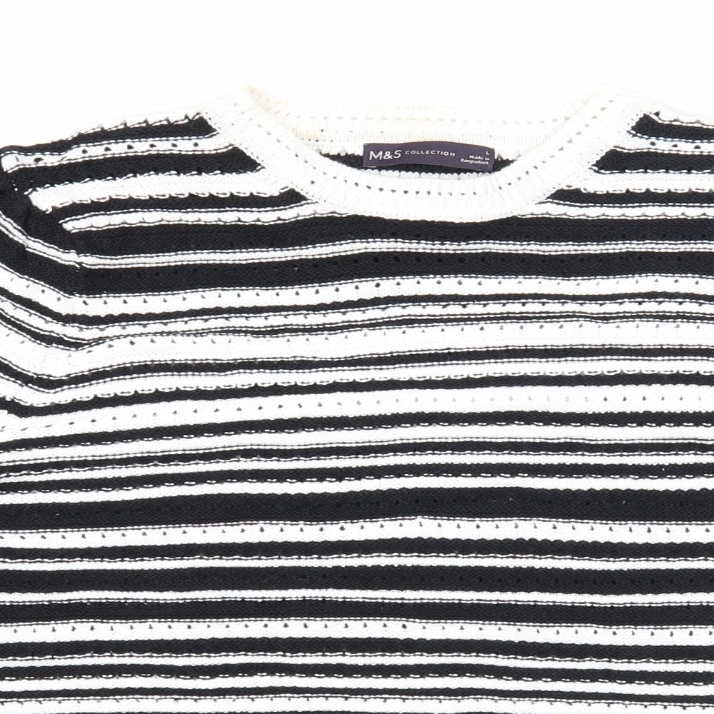 Marks and Spencer Womens White Round Neck Striped Cotton Pullover Jumper Size L