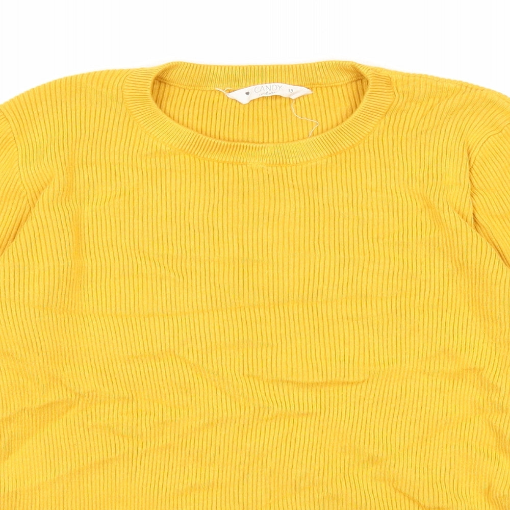 Candy Couture Girls Yellow Round Neck Striped Viscose Pullover Jumper Size 15 Years Pullover