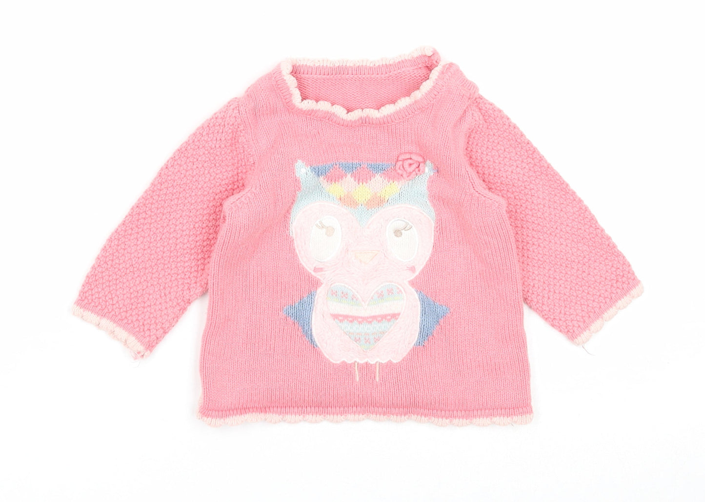 Preworn Girls Pink Cotton Pullover Jumper Size 6-9 Months Button - Owl