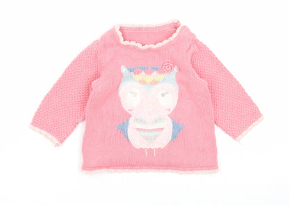 Preworn Girls Pink Cotton Pullover Jumper Size 6-9 Months Button - Owl