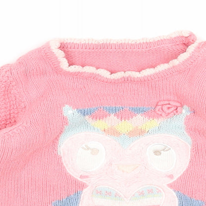Preworn Girls Pink Cotton Pullover Jumper Size 6-9 Months Button - Owl