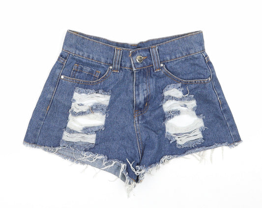 PRETTYLITTLETHING Womens Blue Cotton Cut-Off Shorts Size 4 Regular Zip