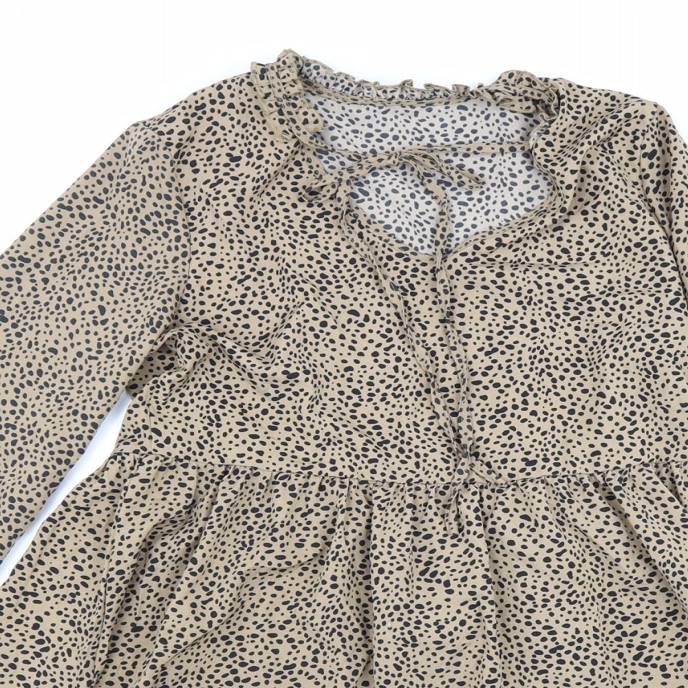 SheIn Womens Beige Animal Print Polyester Fit & Flare Size S V-Neck Drawstring - Leopard Pattern