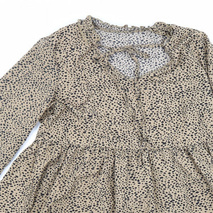 SheIn Womens Beige Animal Print Polyester Fit & Flare Size S V-Neck Drawstring - Leopard Pattern