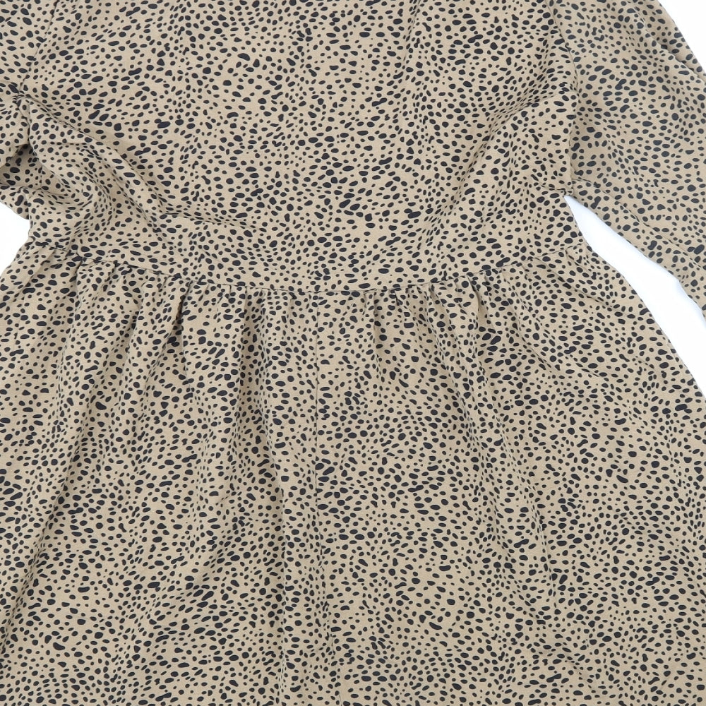 SheIn Womens Beige Animal Print Polyester Fit & Flare Size S V-Neck Drawstring - Leopard Pattern