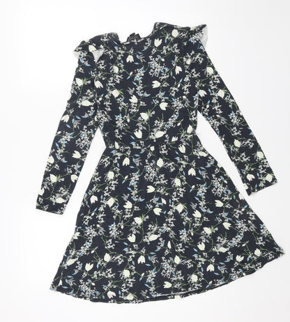 Topshop Womens Blue Floral Cotton Fit & Flare Size 6 Round Neck Pullover