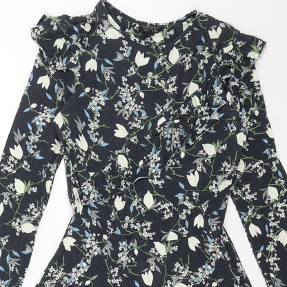 Topshop Womens Blue Floral Cotton Fit & Flare Size 6 Round Neck Pullover