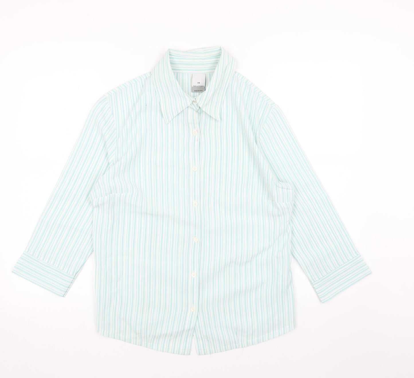 SOLUTIONS Womens Blue Striped Viscose Basic Button-Up Size 14 V-Neck